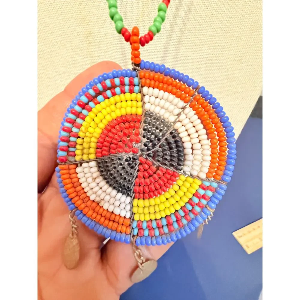 Vintage Handmade Beaded Tribal inspired  Pendant Necklace 26”
